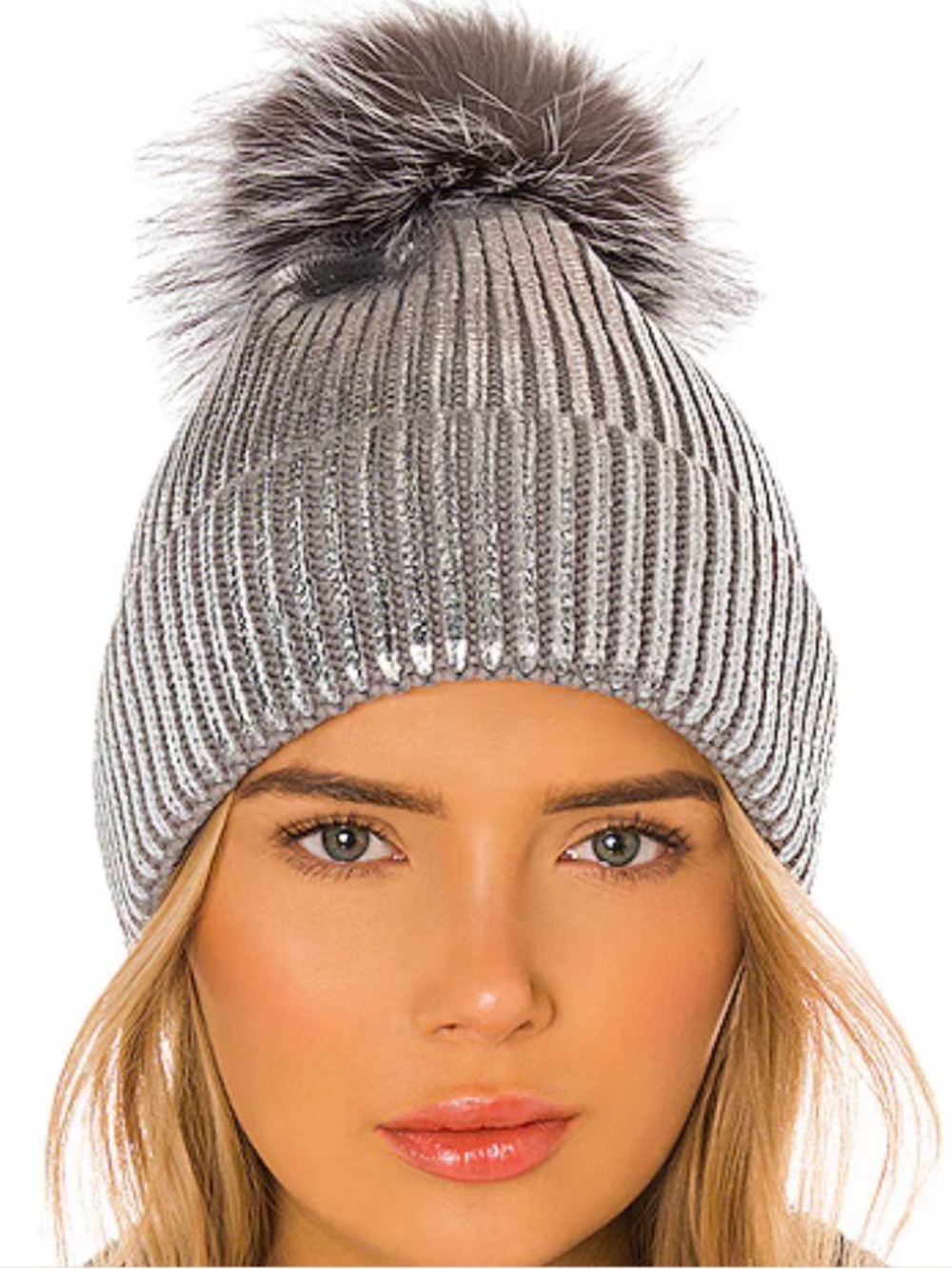 Women's Metallic Gray Pom Pom Beanie - Unbranded